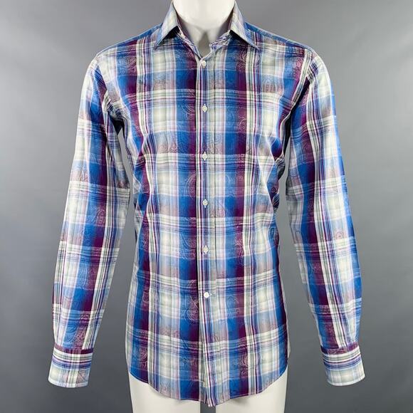ETRO Size M Blue Purple Plaid Cotton Button Up Long Sleeve Shirt